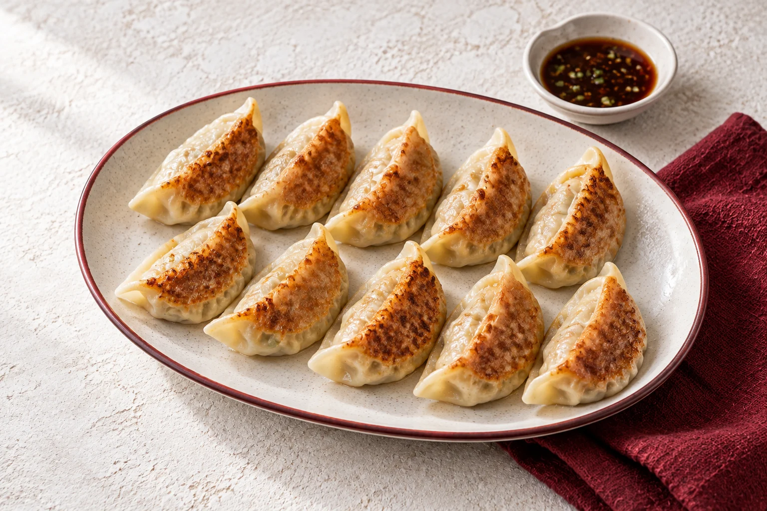 Raviolis grillés dorés servis avec leur sauce